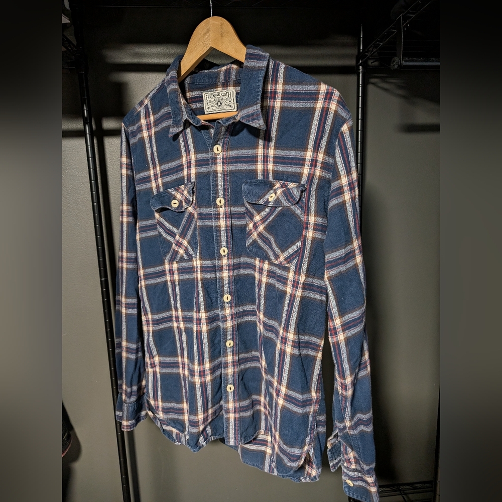Men's Navy and White Plaid Button-Down Shirt